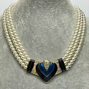 Teardrop Shaped Triple Pearl Glass Necklace Black Blue Gold Enamel Embellished